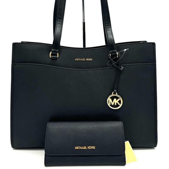 Michael Kors Large MF Pocket Shoulder Tote Bag & Trifold Wallet Black/Gold - Picture 1 of 15